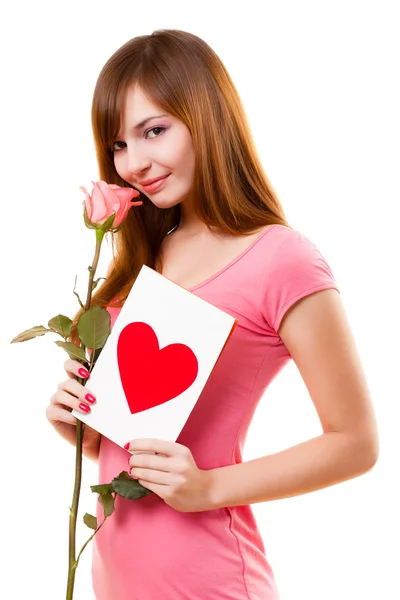 Mulher Bonita Com Cartão Rosa Flor Sobre Branco — Fotografia de Stock