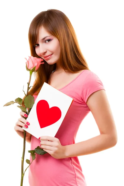 Hermosa Mujer Con Tarjeta Flor Rosa Sobre Blanco — Foto de Stock