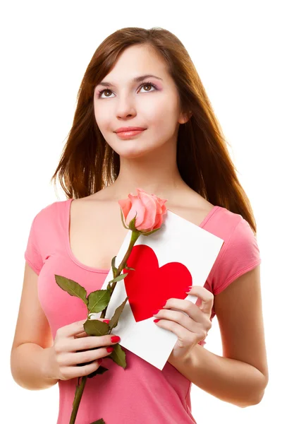 Mulher Bonita Sonhando Com Cartão Rosa Flor Sobre Branco — Fotografia de Stock