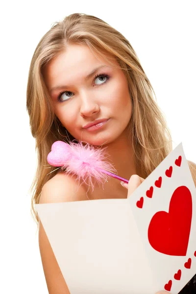 Vrouw valentine card schrijven Stockfoto