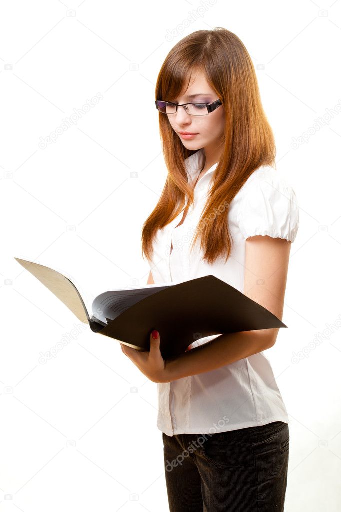 businesswoman reading documents over white