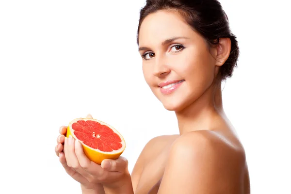 Beautiful Woman Portrait Half Grapefruit — Stock Photo, Image