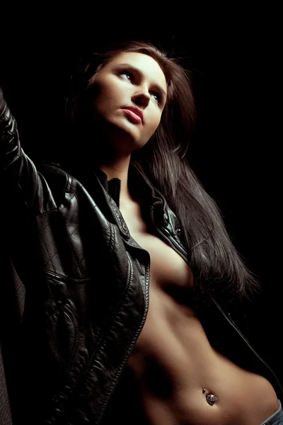 Beautiful Sexual Woman Portrait Wearing Leather Jacket Wall — Stock Photo, Image