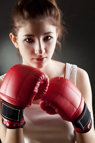 Young Woman Wearing Red Boxer Gloves — Stock Photo, Image