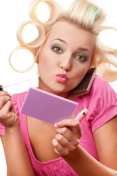 Blonde woman with rollers — Stock Photo, Image