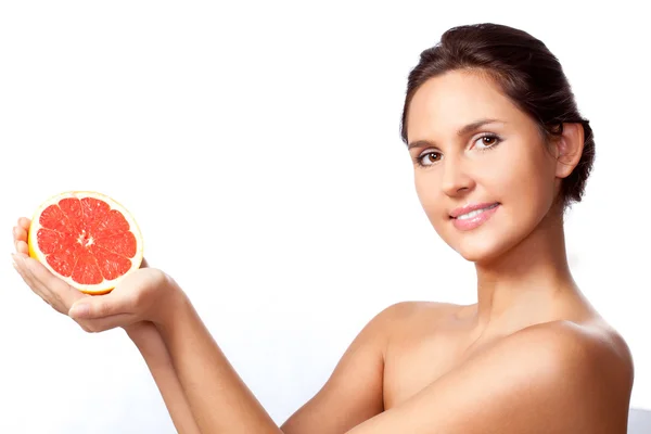 Beautiful woman portrait with grapefruit — Stock Photo, Image
