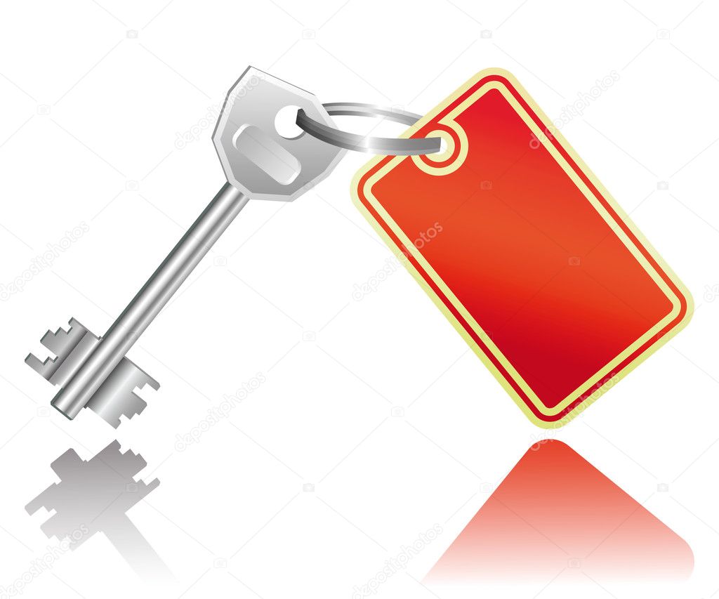 The metal key with label on a ring. Vector illustration
