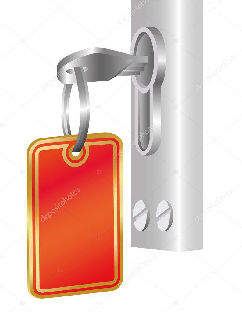 The one key with label in the door lock. Vector illustration