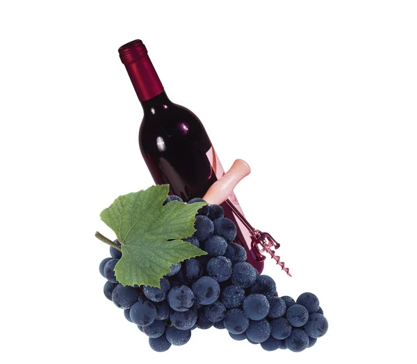 Schwarze Trauben Und Eine Flasche Wein Auf Weißem Hintergrund — Stockfoto