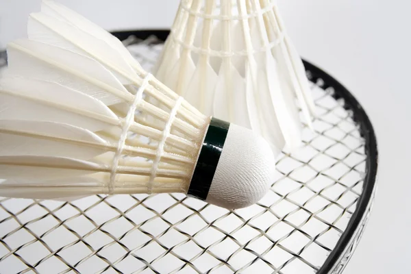 Des navettes de badminton sur la raquette. Horizontal — Photo