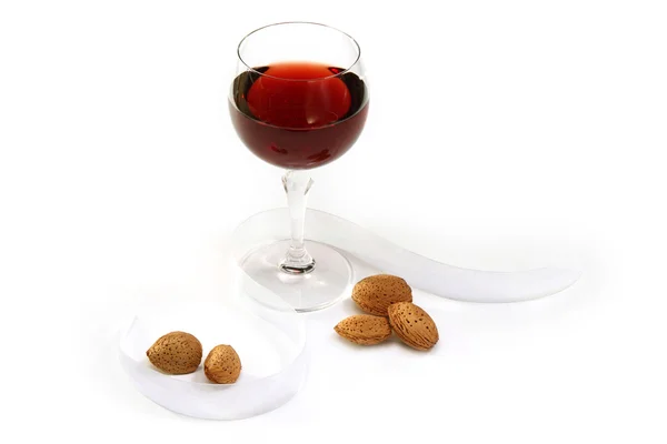Glass Red Wine Almonds White Background — Stock Photo, Image