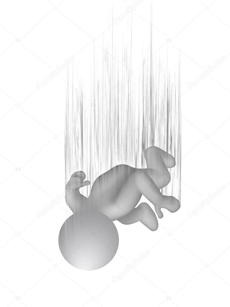 Depicts the silhouette of a man who falls, isolated on white background