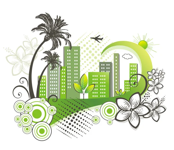 Green city with palm. — Stock Vector