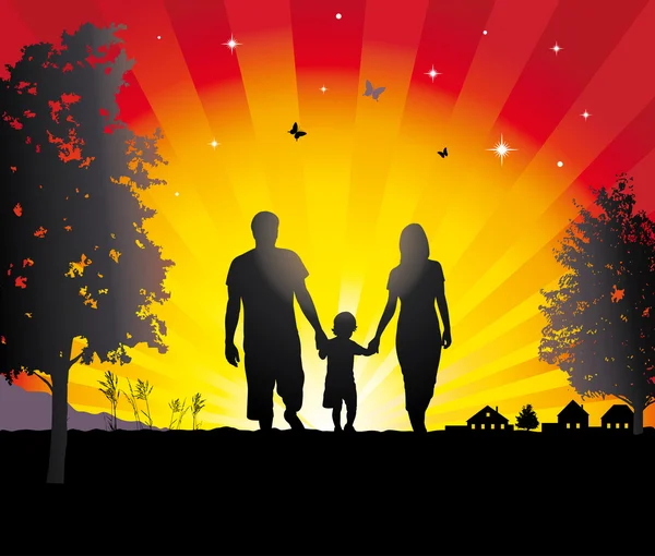 Young family walking in the village. — Stock Vector