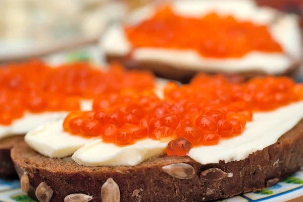 Sandwich Red Caviar Butter Rye Bread — Stock Photo, Image