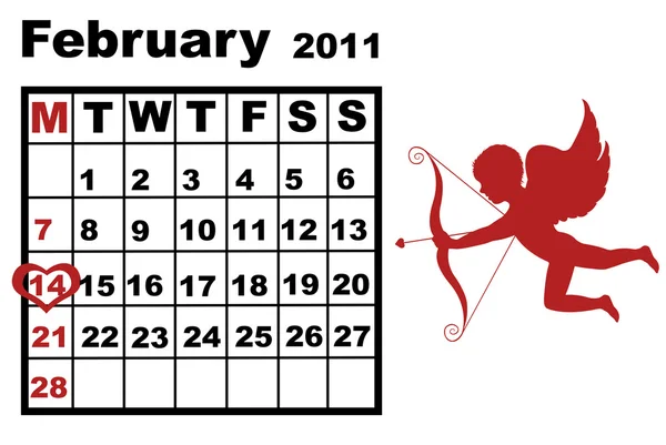 Calendário Fevereiro Com Cupido Isolado Branco — Vetor de Stock