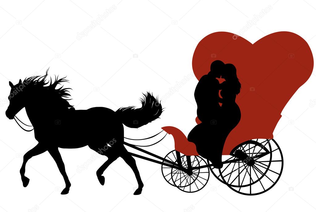 Black silhouette of a horse with red carriage