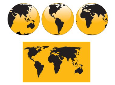 Yellow-black map and globes. The base map is from http://www.cia.gov clipart