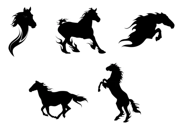 Set Black Horses Isolated White — стоковый вектор