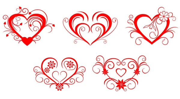 Red Valentine Hearts Floral Style Design — Stock Vector