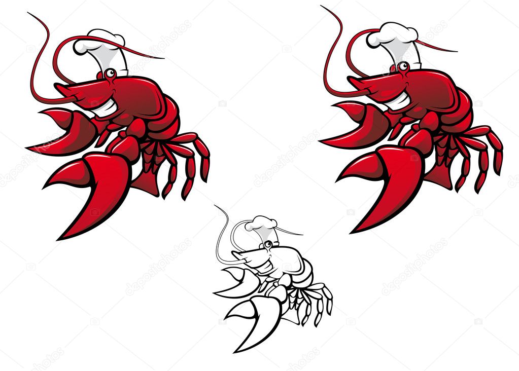 Smiling red crayfish chef isolated on white