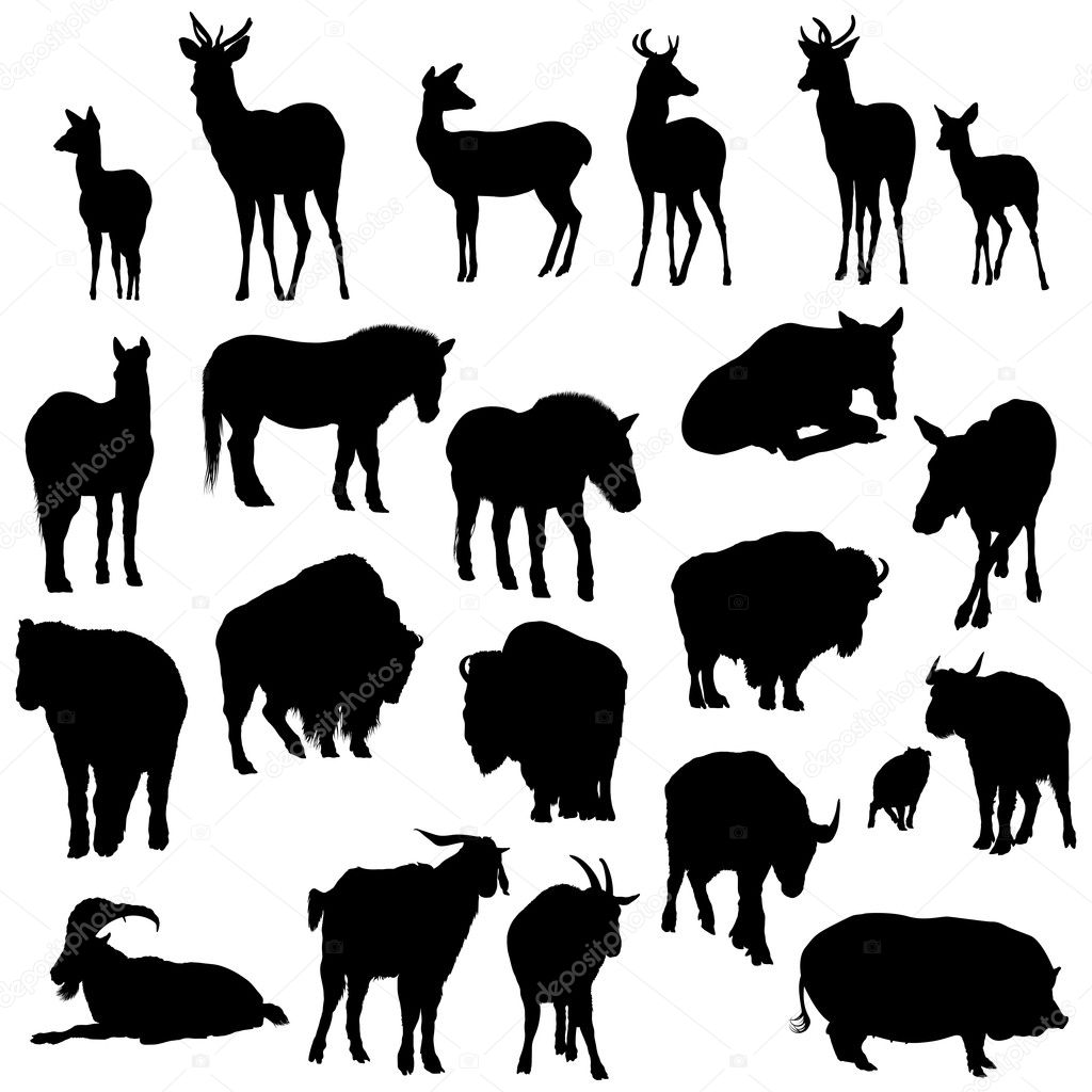 Set of deer, horses, goats, yaks, buffalos and pig silhouettes
