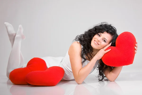 Concepto Romántico Con Almohadas Forma Niña Corazón —  Fotos de Stock
