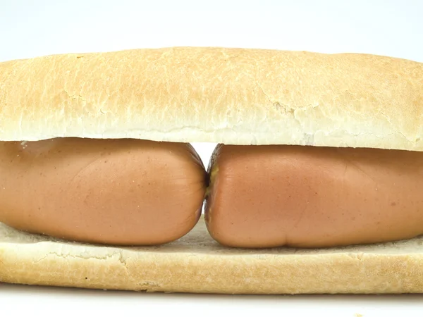 Two Sausages Located Two Pieces Bread White Background — Stock Photo, Image
