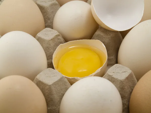 Jedno Jajko Uszkodzony Jest Jeden Zasobnik Całych Jaj — Zdjęcie stockowe