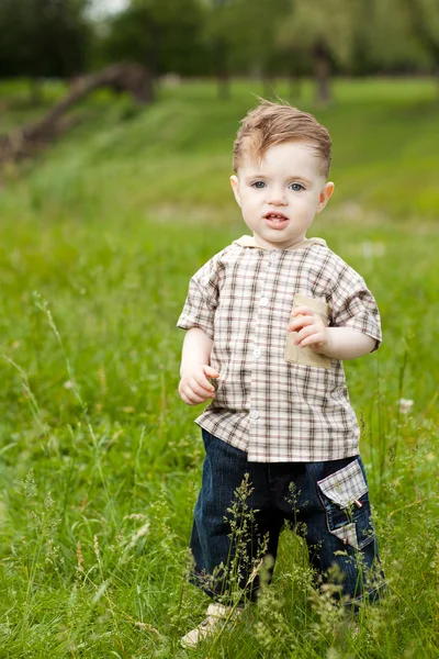 Річний Білий Хлопчик Робить Свої Перші Кроки Парку — стокове фото
