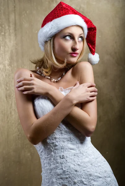 Lovely bride wearing christmas cap — Stock Photo, Image