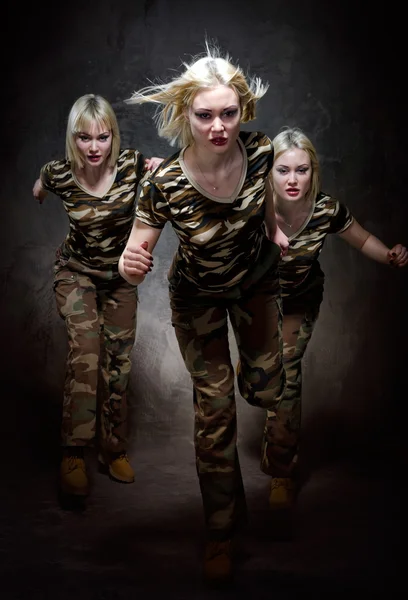 Running Military Women Isolated Black Background — Stock Photo, Image