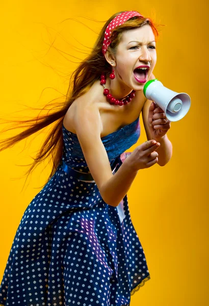 Giovane donna con megafono — Foto Stock