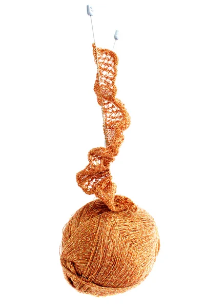 Ball Beige Threads Knitting Needle White Background — Stock Photo, Image
