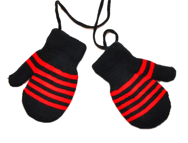 Black mittens with red stripe — Stock Photo, Image