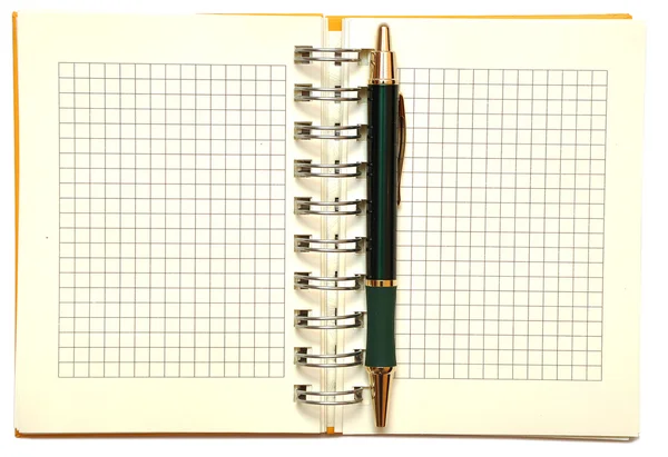 Abra o caderno em espiral com caneta — Fotografia de Stock