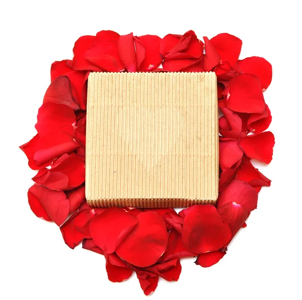 Red rose petals and gift — Stock Photo, Image