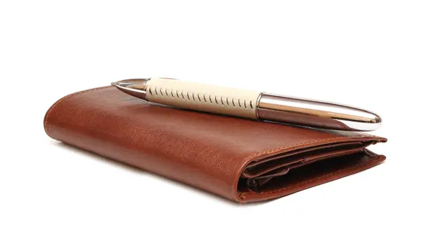 Brown purse with pen — Stock Photo, Image