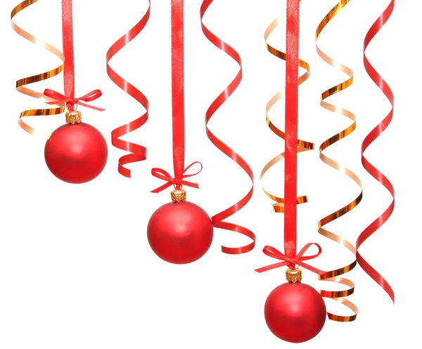 Сhristmas balls hanging with ribbons — Stock Photo, Image