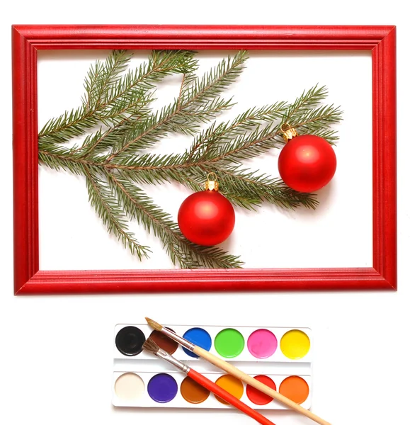 Christmas balls in wood frame — Stock Photo, Image