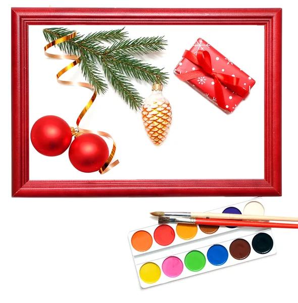 Christmas presents in wood frame — Stock Photo, Image