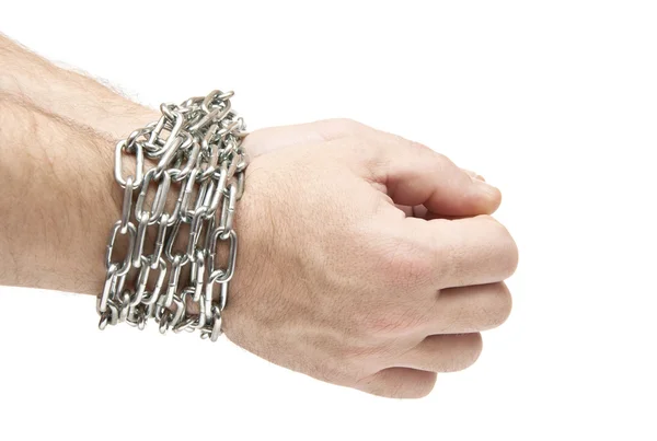 Man's hands tied with chains — Stock Photo, Image