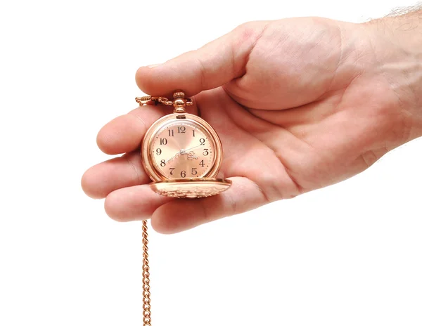 Золотий кишеньковий годинник в руці на білому — стокове фото