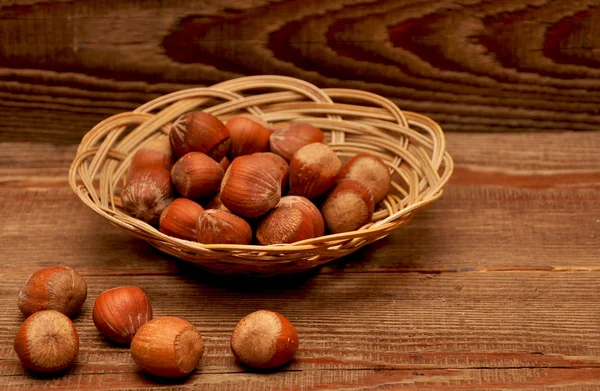 Wood Nuts Basket Wood Background — Stock Photo, Image