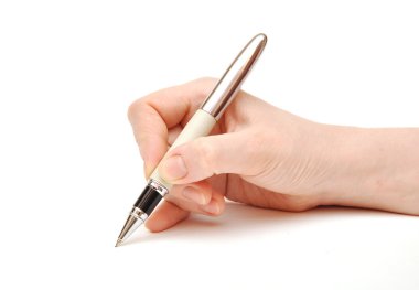 Pen in woman hand on white