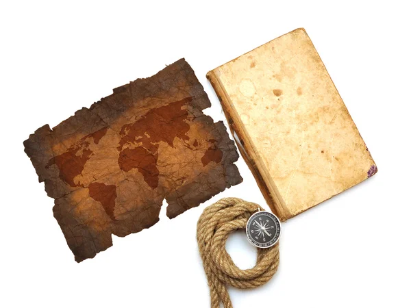 Kompas, oude boek, touw en kaart — Stockfoto