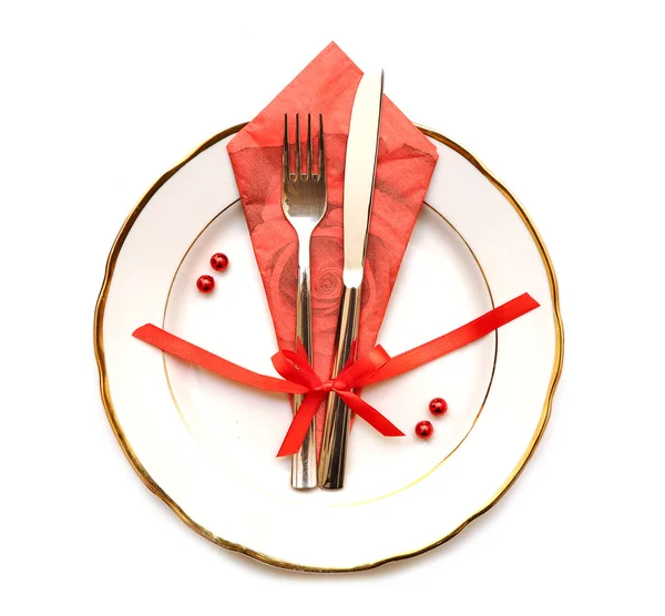 Cuchillo, plato blanco y tenedor —  Fotos de Stock