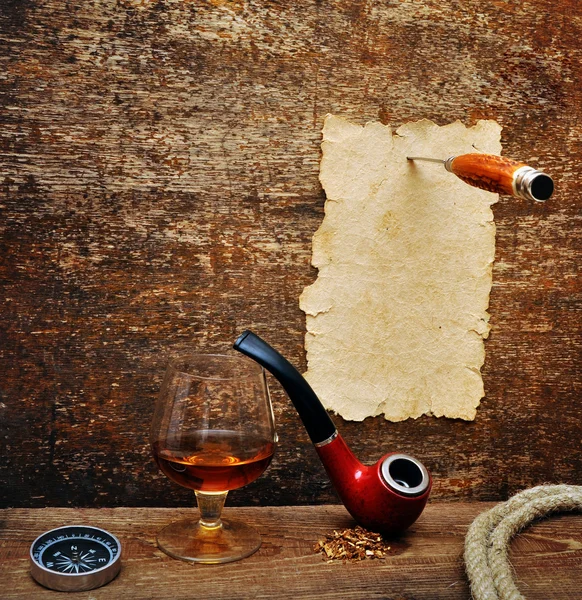 Old Paper Pipe Glass Cognac Wood Background — Stock Photo, Image