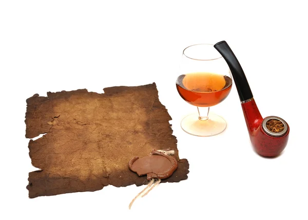Old paper seal wax , pipe and glass of cognac — Stock Photo, Image