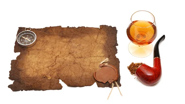 Old paper seal wax , pipe and glass of cognac — Stock Photo, Image